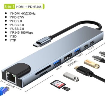 CONVERSOR CABO 8 IN 1 USB-C MACHO PARA 2 USB3.0+HDMI+2 USB-C+LAN +SD/TF